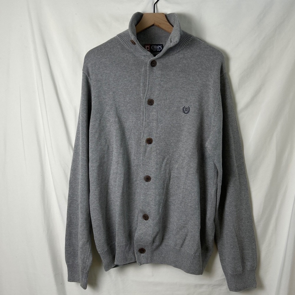 Chaps Mens Gray Button Up Cardigan Sweater Size L Cotton Preppy Academia Casual